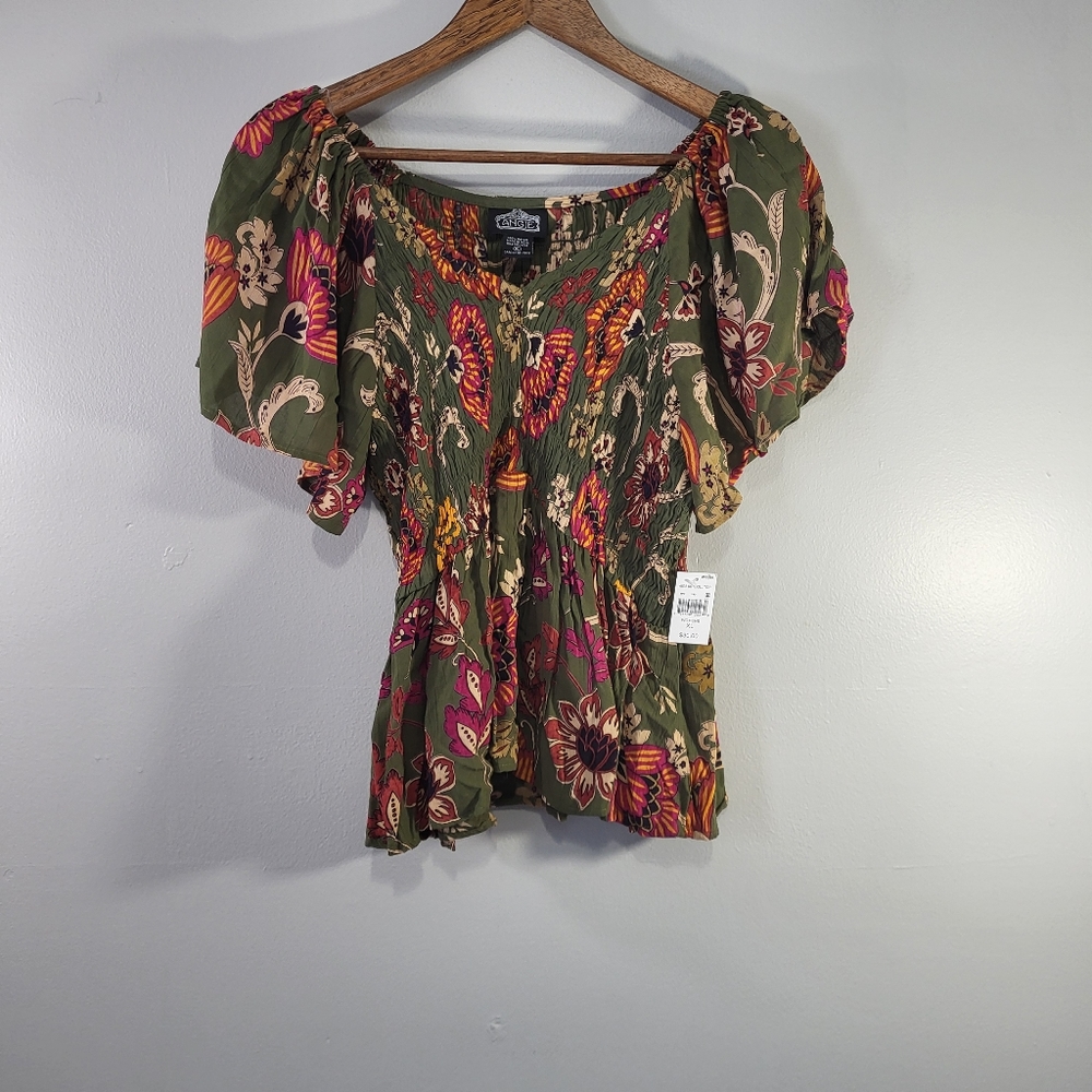 Angie Floral Puff Sleeve Smocked Top - Green and Pink